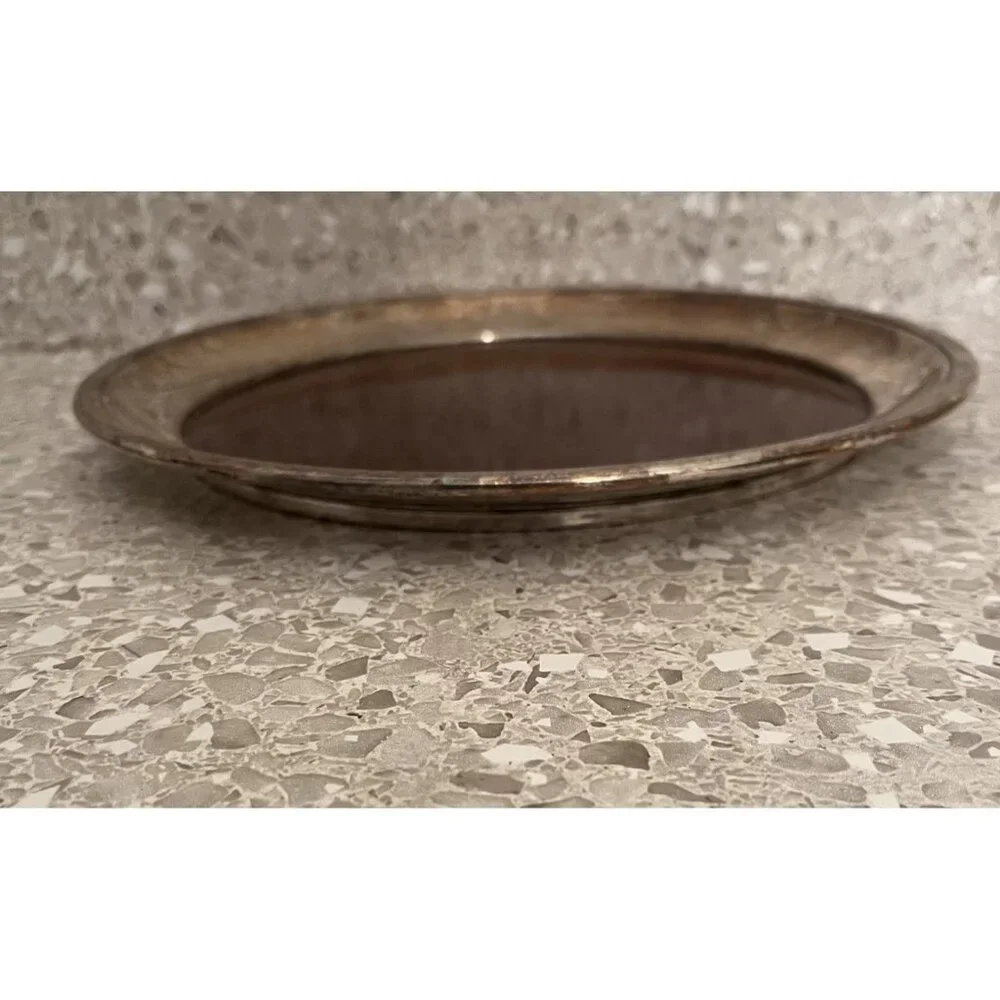 Round Serving Cocktail Tray Formica Wood Grain Set of 2 MCM Vintage Cresent & ? - Picture 10 of 12